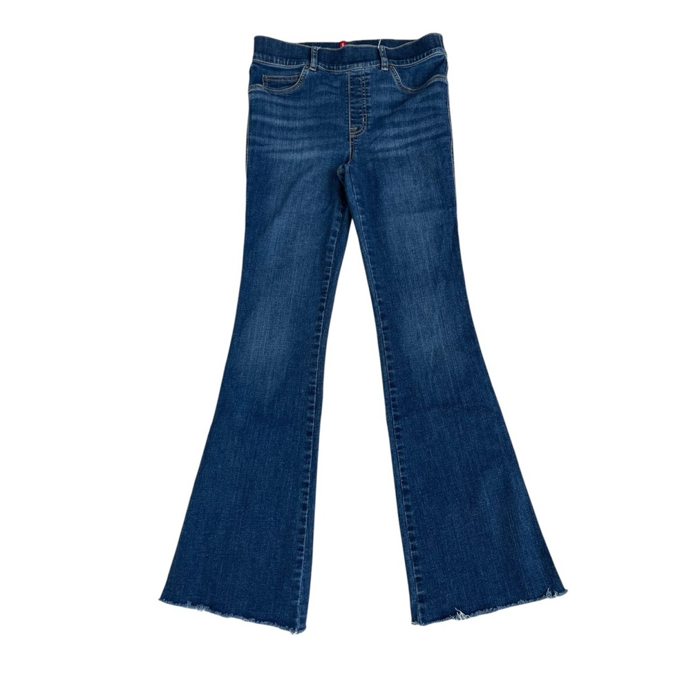 SPANX High Rise Flare Jeans M 29x31 Dark Wash Stretch Raw Hem Frayed